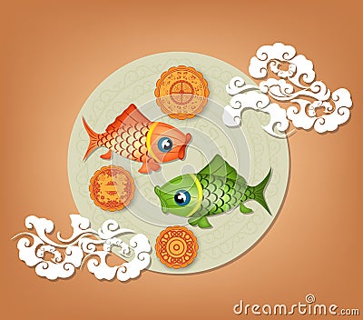 Chinese mid autumn festival background with carp lantern, cake Vector Illustration