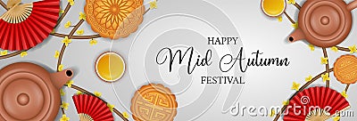 Chinese mid autumn festival banner with teapots and mooncakes Vector Illustration