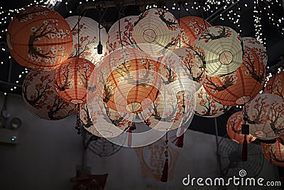 Chinese Mid Autumn Festival lanterns at a My Awesome Cafe restaurant, Singapore Editorial Stock Photo