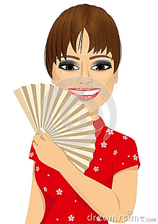 Chinese model in traditional Cheongsam dress holding a fan Vector Illustration