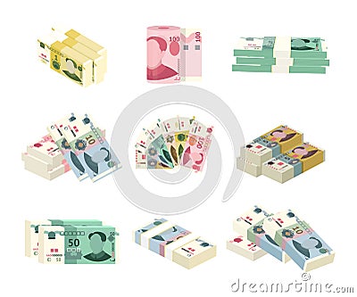 Chinese money paper banknote set. Cash of different nominal value. Stacks, piles, one, fan of yuan. Asian currency. Bank Vector Illustration