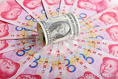 Chinese money rmb banknote and American dollar Stock Photo