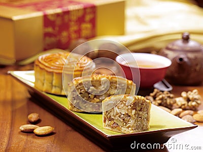 Chinese moon cake and tea Stock Photo