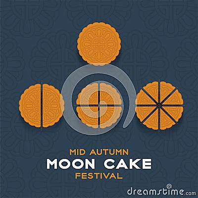 Chinese Mooncake slice 2, 4, 8 pieces top view, Mid-autumn Moon festival concept poster and banner vertical design illustration Vector Illustration