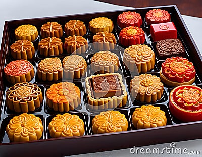 Chinese mooncakes in a tray, food concept, AI Generation Stock Photo