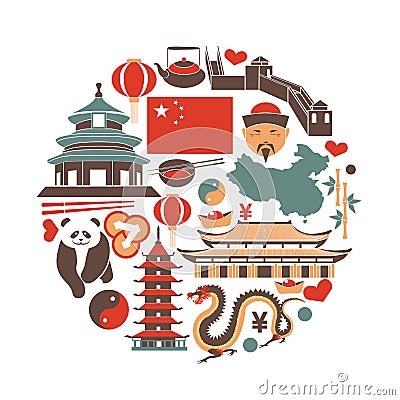 Chinese national things collection in circle on white Vector Illustration