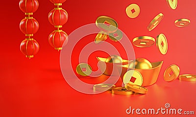 Chinese New Year Background. Chinese Gold Coin Falling to Ingot. Lantern 3D Rendering Stock Photo