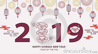 Chinese New Year 2019 banner, poster or greeting card with cute piglets, traditional lanterns and fireworks Vector Illustration