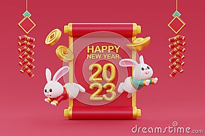 Chinese new year banner, Red ancient scroll with wealth gold money and cute rabbit, Chinese Festivals, 3d rendering. Stock Photo