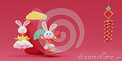 Chinese new year banner, Red envelope with cute rabbit holding gold and fan, Chinese Festivals, Lunar, CYN 2023, 3d rendering Stock Photo