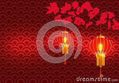 Chinese New Year. On the branchy blossoming red cherries. hanging red Chinese lantern. illustration Vector Illustration