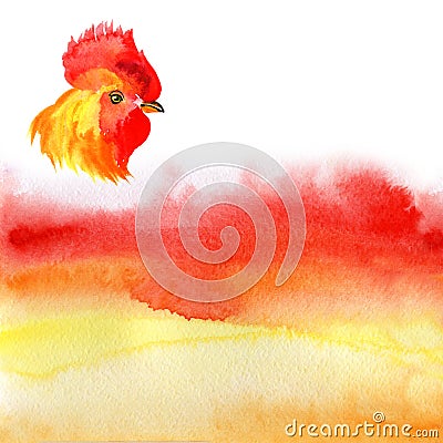 Chinese New Year card Design with red rooster, zodiac symbol of 2017, on watercolor fiery background. Stock Photo