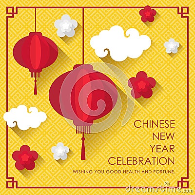 Chinese New Year Card with red Traditional Lantern ,flowers and cloud on yellow chinese texture background vector design Vector Illustration