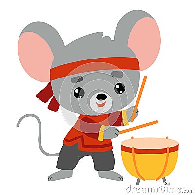 Chinese new year character mouse and drum. Cartoon vector illustration for children Vector Illustration