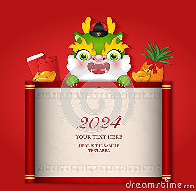 Chinese new year of cute cartoon dragon scroll reel template and pineapple golden ingot red envelope Vector Illustration
