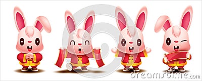2023 Chinese New Year. Cute little rabbit greeting hand and holding blank red Chinese scroll. Year of the rabbit zodiac character Vector Illustration