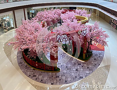 Chinese New Year Decoration Cherry Blossom Plants Flower Display Floral Arrangement Blossom CNY Festival Rich Wealthy Luxury Style Editorial Stock Photo