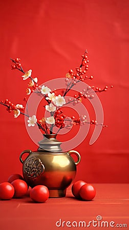 Chinese New Year decoration on a red background. Flowers of good fortune and lump of gold. Chinese new year festival Stock Photo