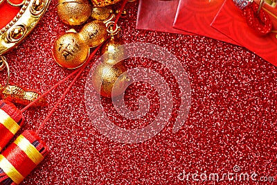 Chinese new year decorations and Auspicious ornaments on red bokeh background Stock Photo