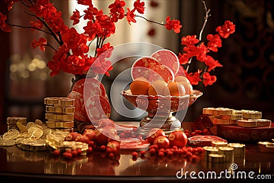 Chinese New Year decorations, featuring shimmering gold sycees symbolizing wealth. AI Generated Stock Photo