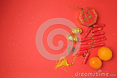 Chinese New Year decorations on red background. View from above with copy space Stock Photo