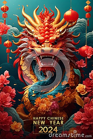 Chinese new year 2024 year of the dragon, AI Generated. Stock Photo