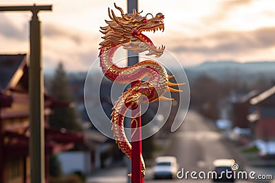 Chinese New Year Dragon Banner on City Street Stock Photo