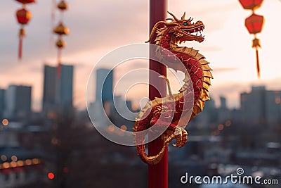Chinese New Year Dragon Banner on City Street Stock Photo