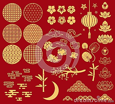 Chinese new year elements. Festive asian ornaments, patterns in oriental style. Clouds, moon and bamboo, sakura and Vector Illustration