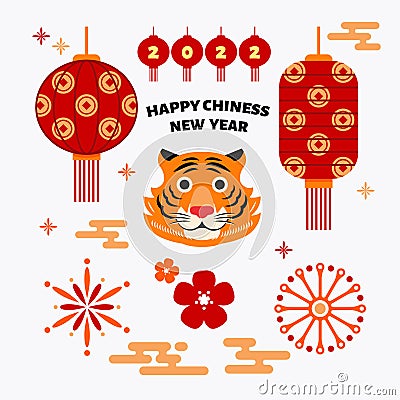 Chinese new year elements. Festive asian ornaments, Tiger lunar 2022 Vector Illustration