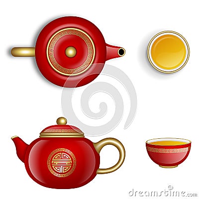 Chinese new year elements. red and gold isolated chinese teapots and cups of tea. top and side view Vector Illustration