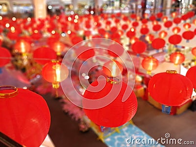 Chinese new year festival red circle lanterns light hanging for decorative place Stock Photo