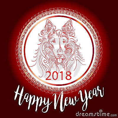 Chinese New Year 2018 festive vector card Design with cute dog, zodiac symbol of 2018 year Translation of text on stamp Vector Illustration