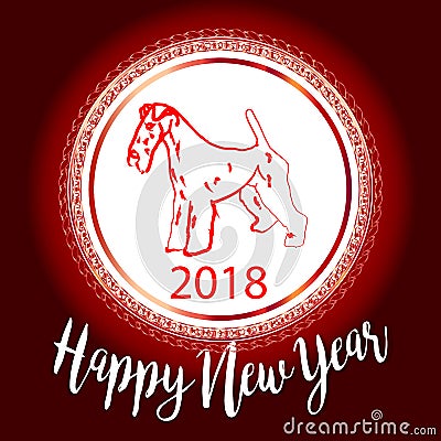 Chinese New Year 2018 festive vector card Design with cute dog, zodiac symbol of 2018 year Translation of text on stamp Vector Illustration