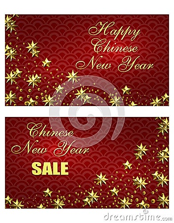 Chinese New Year. Flyer, business cards, invitations to the sale. Stylized copper, bronze stars on a red background Vector Illustration