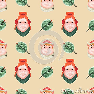 Chinese New Year Funny Teen Piggy and Pine branch Stock Photo