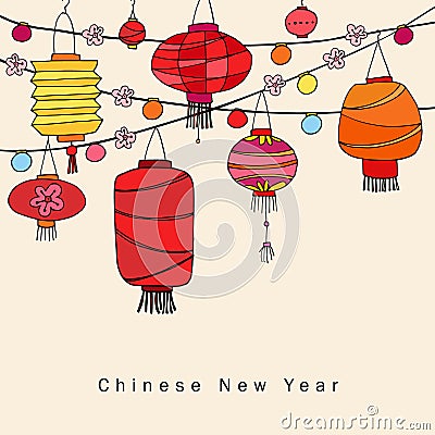 Chinese new year greeting card, invitation with string of hand drawn red lanterns. Asian party decoration. Vector Vector Illustration