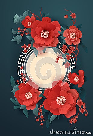 chinese new year greeting card with red flowers asian flyer invitation poster vertical Vector Illustration