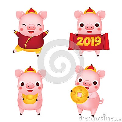 Chinese new year. 2019 happy cartoon pig collection. illustration for calendars and cards. Pigs with yuanbao, coin and other Vector Illustration