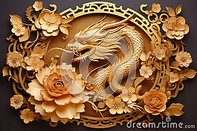 Chinese New Year or Happy New Year 2024, Year of the Dragon, golden dragon, Asian style composition illustration, golden paper cut Cartoon Illustration