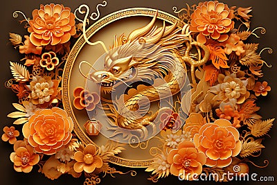 Chinese New Year or Happy New Year 2024, Year of the Dragon, golden dragon, Asian style composition illustration, golden paper cut Cartoon Illustration