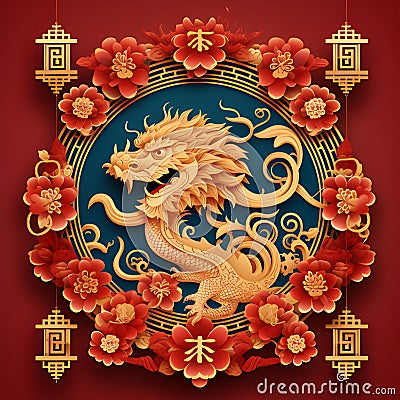 Chinese New Year or Happy New Year 2024, Year of the Dragon, golden dragon, Asian style composition illustration, golden paper cut Cartoon Illustration