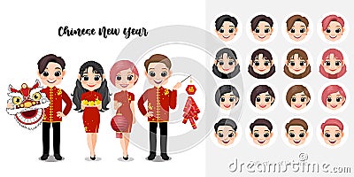 Chinese New Year with Kids holding Dragon Head, Orange, Lantern, Cracker on white background vector Vector Illustration