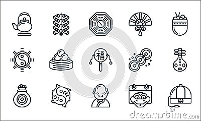 chinese new year line icons. linear set. quality vector line set such as hat, buddha, coins, snake, yin yang, yin yang, coins, fan Vector Illustration