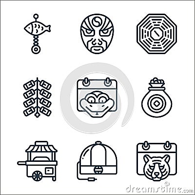 chinese new year line icons. linear set. quality vector line set such as tiger, hat, cart, coins, snake, fireworks, mirror, mask Vector Illustration