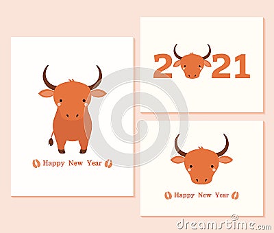 2021 Chinese New Year ox cards set Vector Illustration