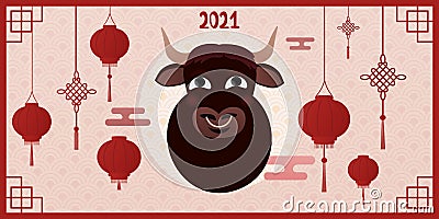 Chinese new year of ox, cartoon character of cow, oriental ornate, laterns and signs, web banner,asian elements Vector Illustration