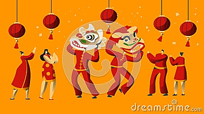 Chinese New Year Parade Character. Man Dance in Dragon Costume for China Holiday Celebration. Asian Traditional Festival Vector Illustration