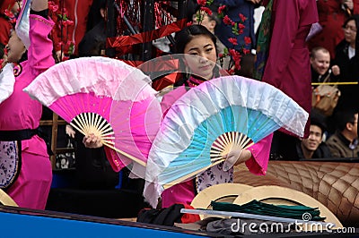 Chinese New Year Parade, Girl with Fans Editorial Stock Photo