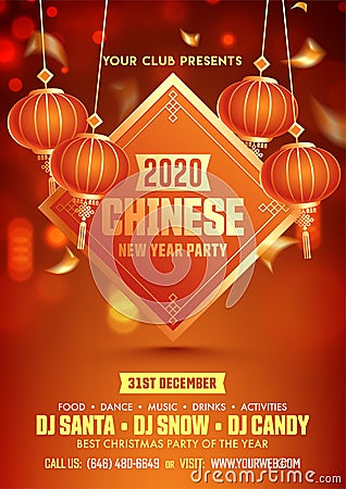 Chinese New Year 2020 Party Flyer Design with hanging Lanterns with Event Details Editorial Stock Photo